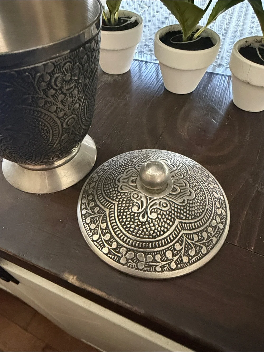 Ornate Embossed Lidded Vase in Antique Silver Tone